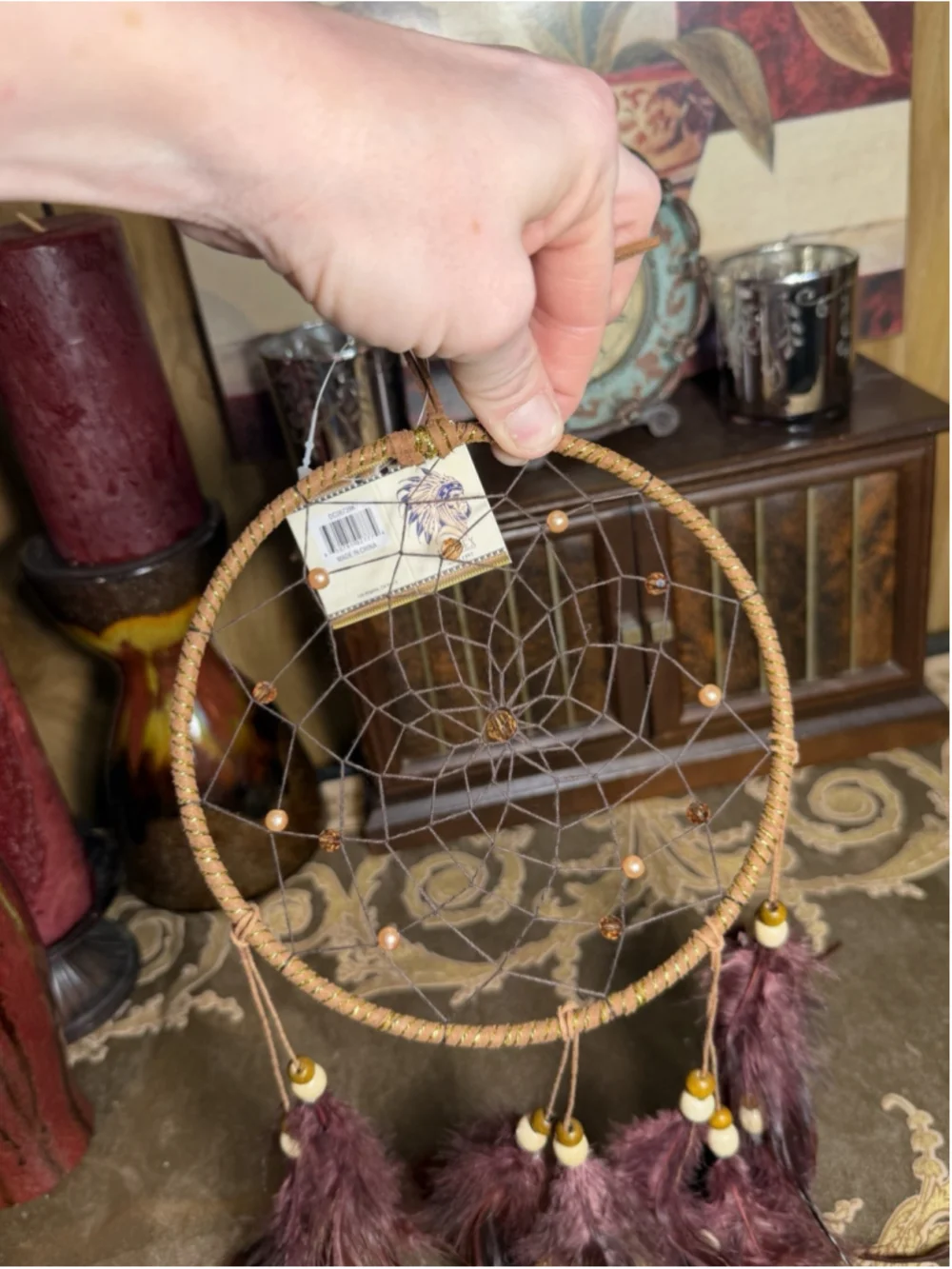 Dream Catcher Wall Hanging 6.5 In Hoop 23 in Long Feathers Beads Boho Decor New